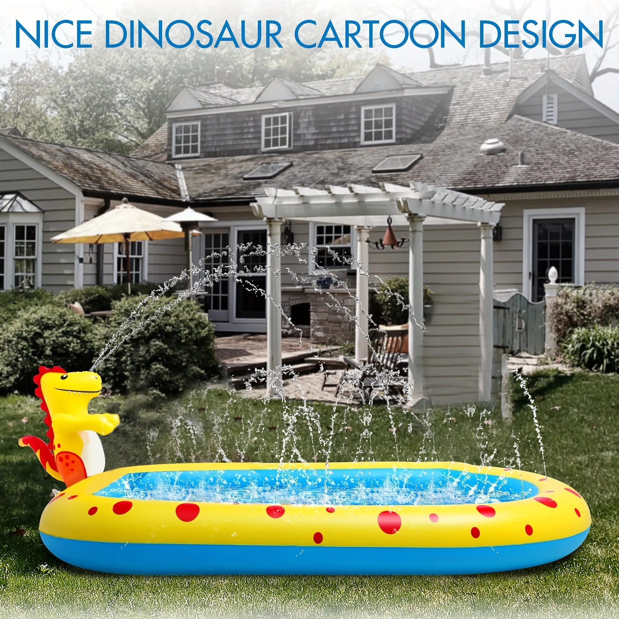 Blue dinosaur and shark themed water spray pool for kids outdoor play measuring 170cm long
