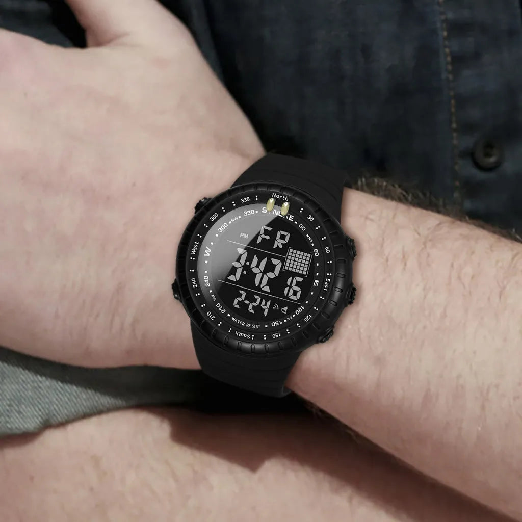 Black men's waterproof outdoor electronic watch with large plastic case and PU strap.