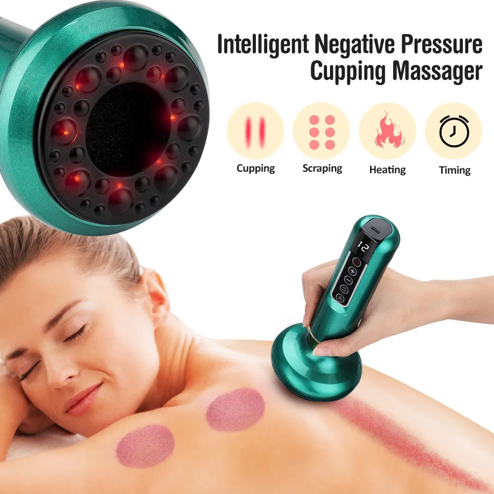 Green electric vacuum cupping massager with Gua Sha head on USB charging cable