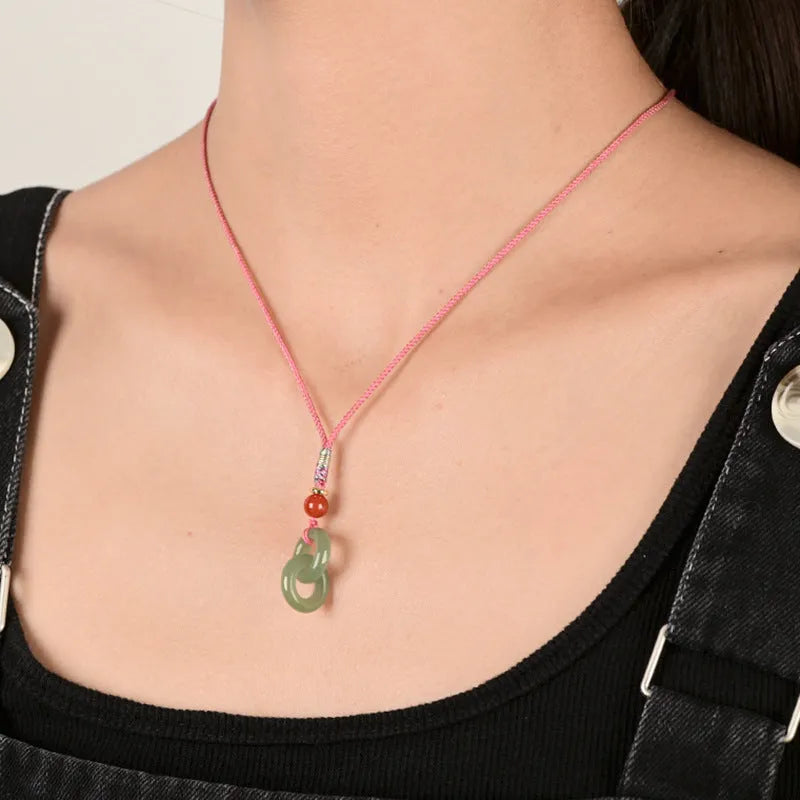 Hand-woven natural Hetian jade peace buckle necklace in 12mm or 15mm, light or dark colour