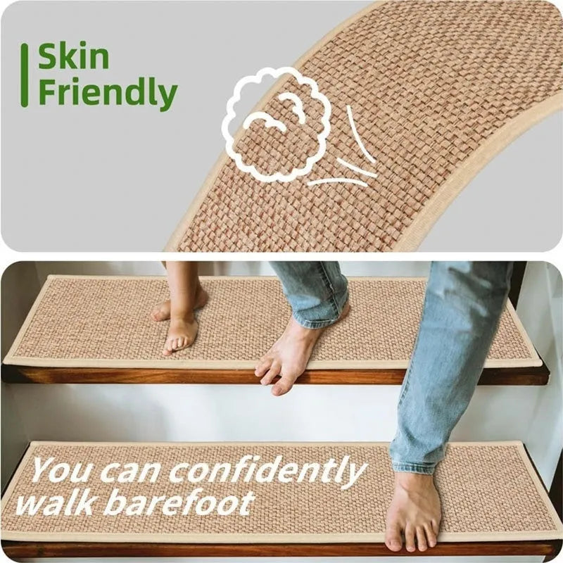 Japanese-style solid colour stair mat with polyester surface and rubber backing on wooden staircase