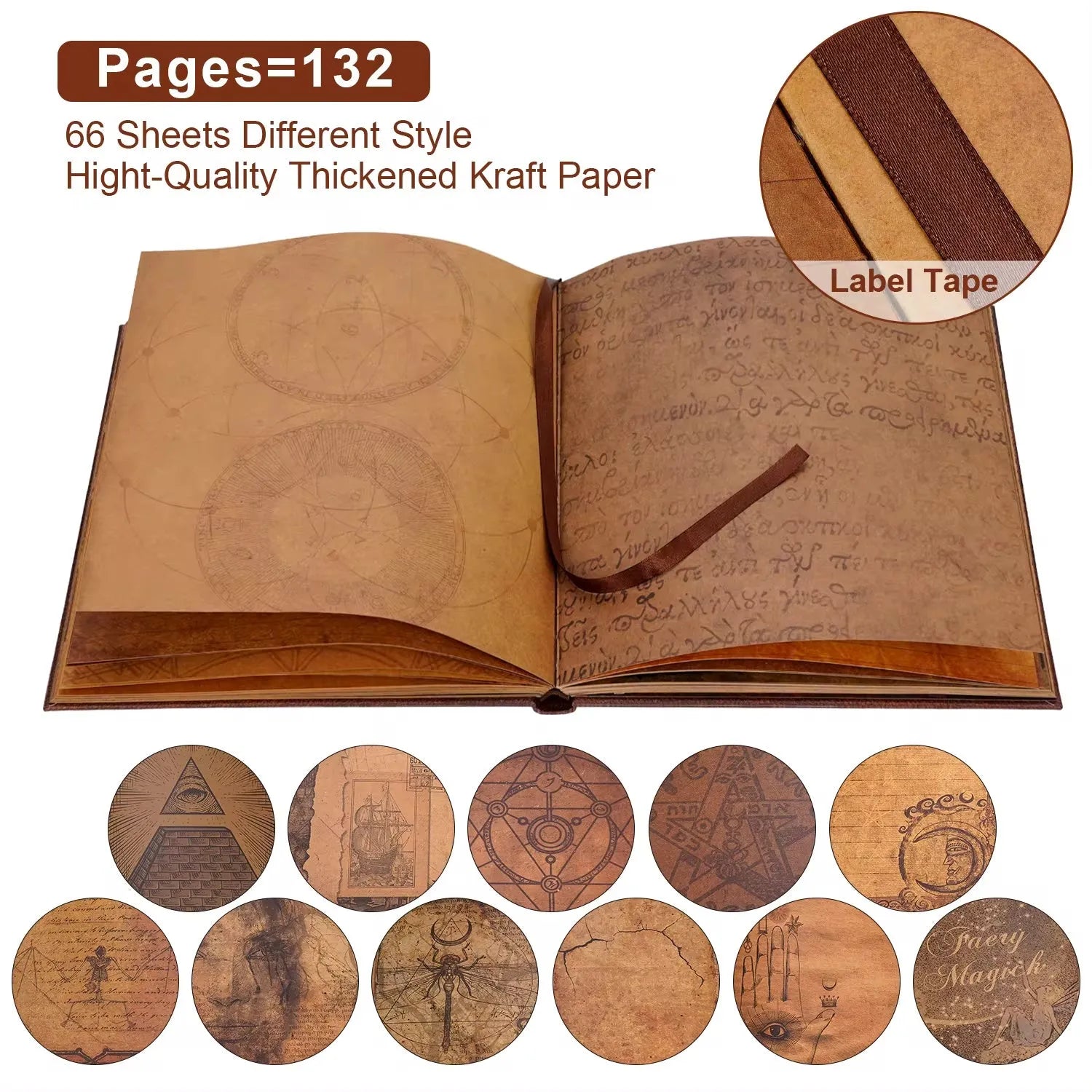 132-page gold photo album with kraft paper pages and hard cardboard cover, 28 x 24.4 cm, displayed open with blank sticky pages.