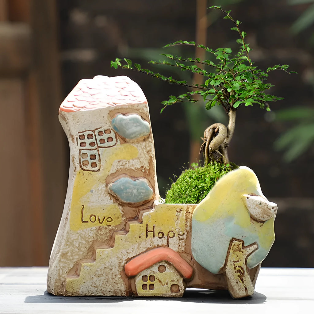 Hand-painted ceramic combination pot with cute pastoral decoration for succulent and flower displays