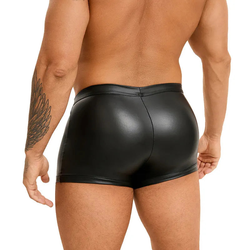 Black PU leather men's boxer shorts with U pouch design shown in Asian sizes M to 3XL