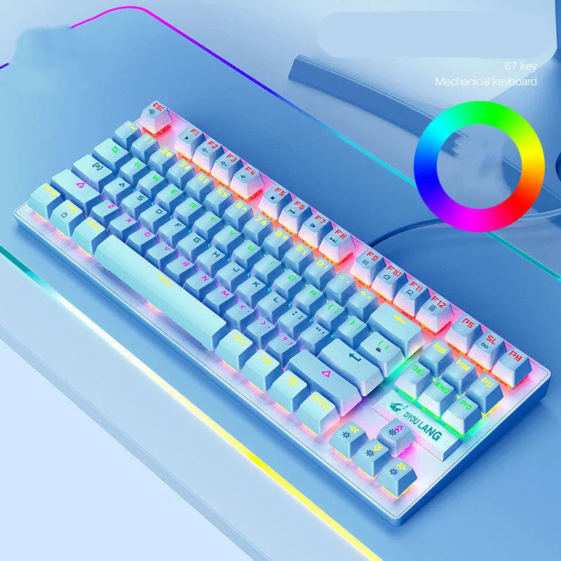 Black mechanical gaming keyboard with coloured keycaps and simple design next to notebook computer