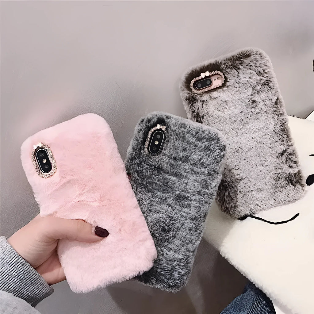 Silicone iPhone back cover case with rhinestones in grey, brown or pink plush shell colour.
