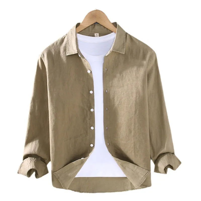 Men's pure linen cardigan-style button-up shirt in solid colour with long sleeves