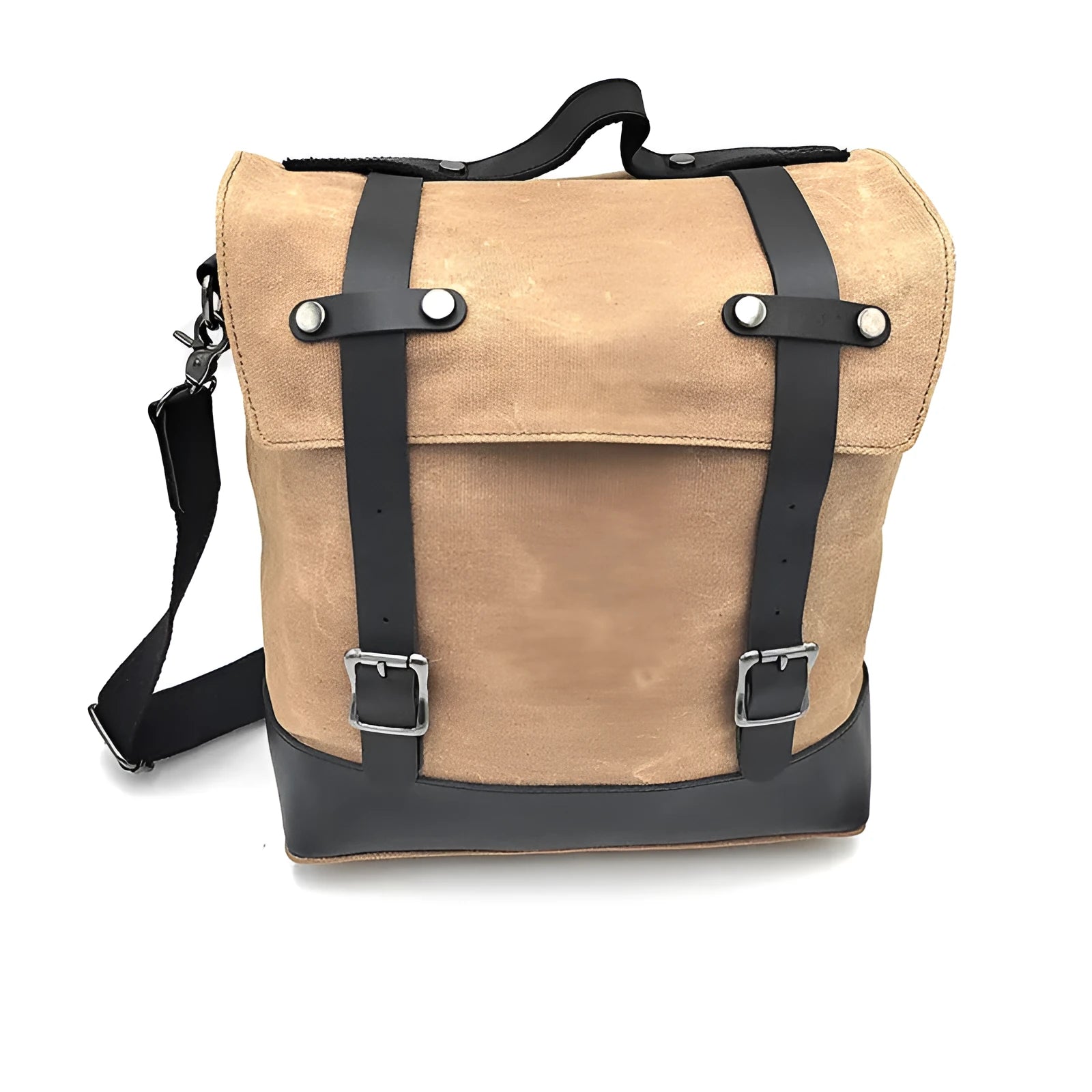 Black waterproof canvas motorcycle side bag with cowhide trim mounted on a bike