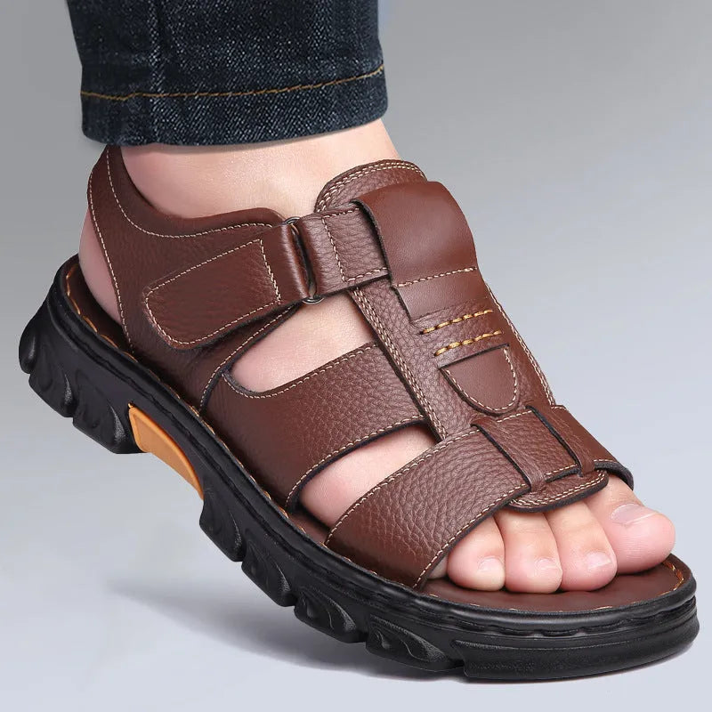 Men's dual-use sandals with first layer cowhide upper, velcro fastening, breathable open toe design in black and brown