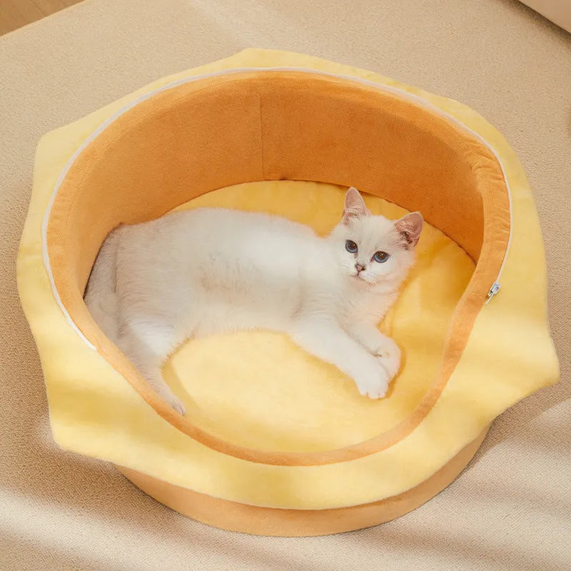 Grey and beige indoor cat kennel with a removable roof, shown with a reversible cushion inside.