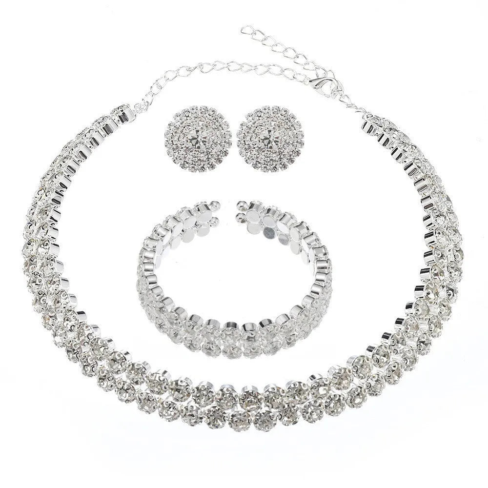 Women's rhinestone three-piece jewellery set with double-layer necklace, bracelet and ear studs in gold or silver