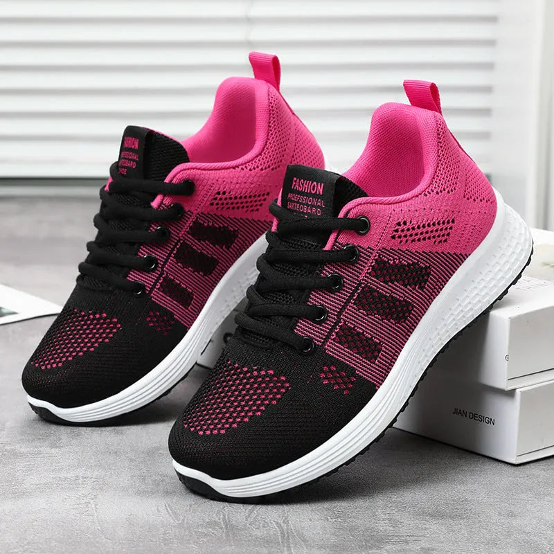 Women's flyknit running shoes with soft sole in black, rose red, or gray pink colours