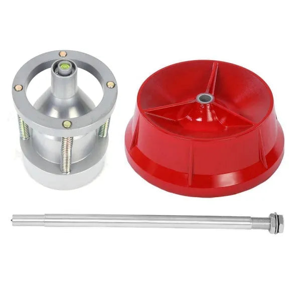 Portable aluminium hub balancer for car wheels with a bull's eye level and enamel-finished base.