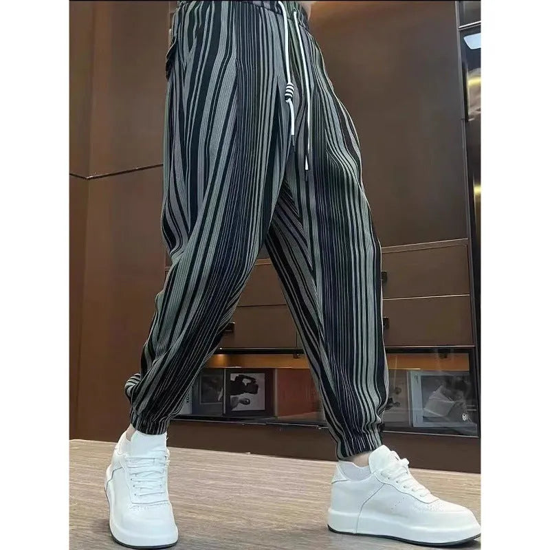 Men's ankle-tied cropped ice silk polyester fibre pants in dark gray with striped pattern