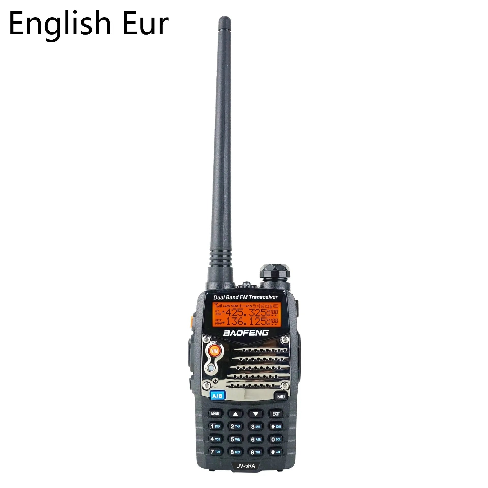 Baofeng UV-5RA black handheld dual-band two-way radio with dual display and antenna