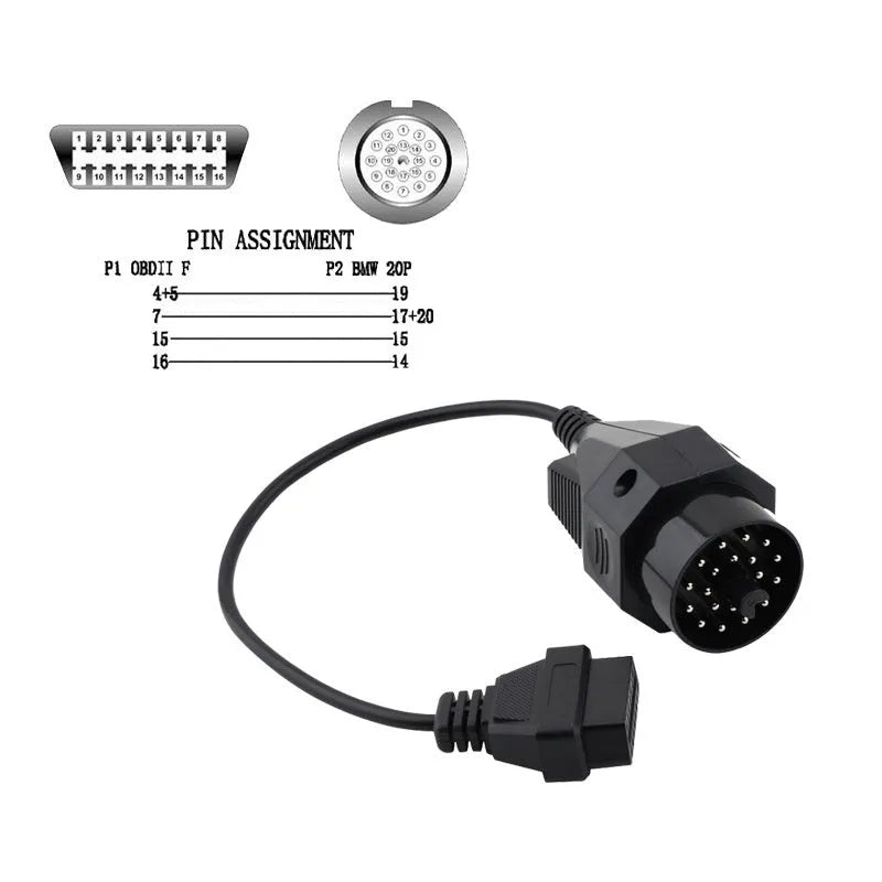 BMW 20-pin to standard 16-pin OBD2 diagnostic adapter cable on a white background