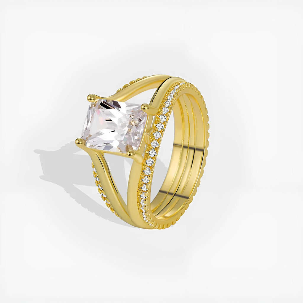 Women's geometric gold ring with square zircon centrepiece showing clean lines and electroplated finish