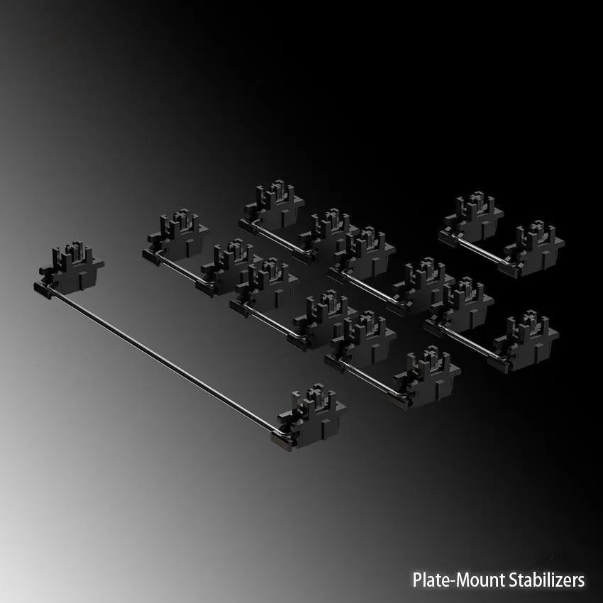 Keyboard stabiliser shaft accessories in black and white with 6.25U and 7U spacebar options
