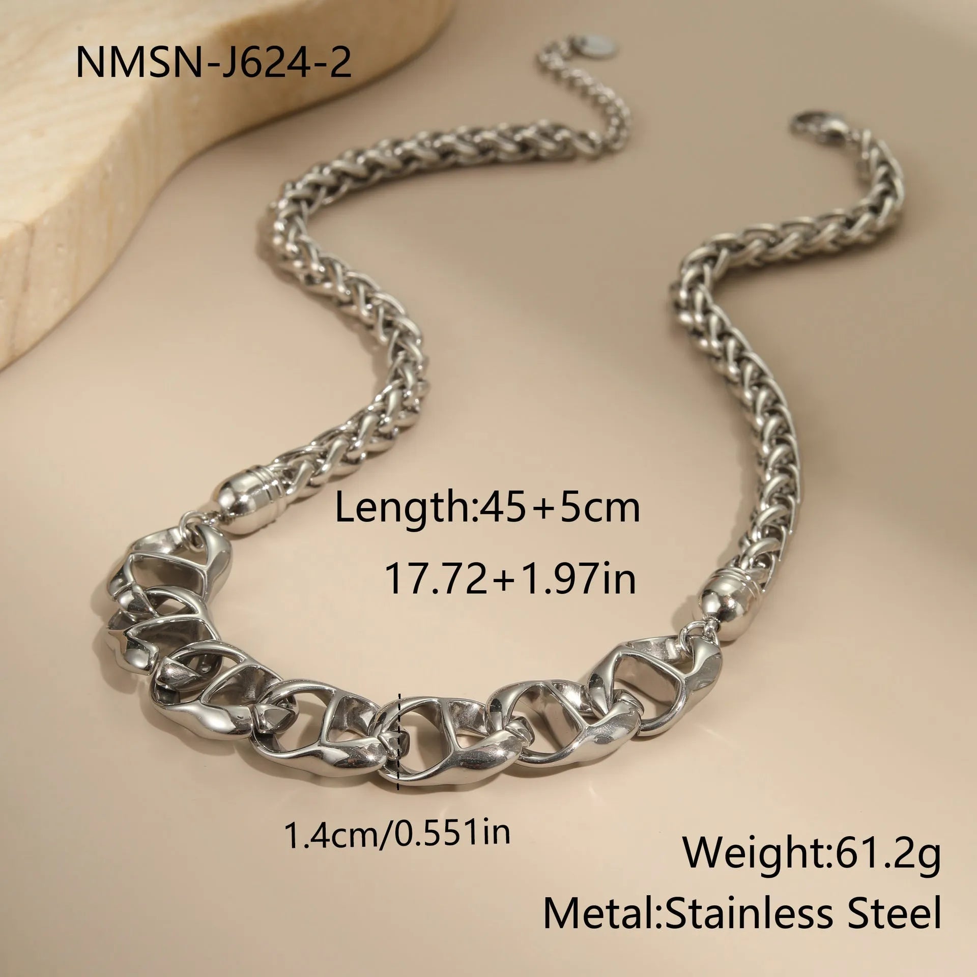 Stainless steel geometric chain necklace with 18K gold plating in gold or steel colour options