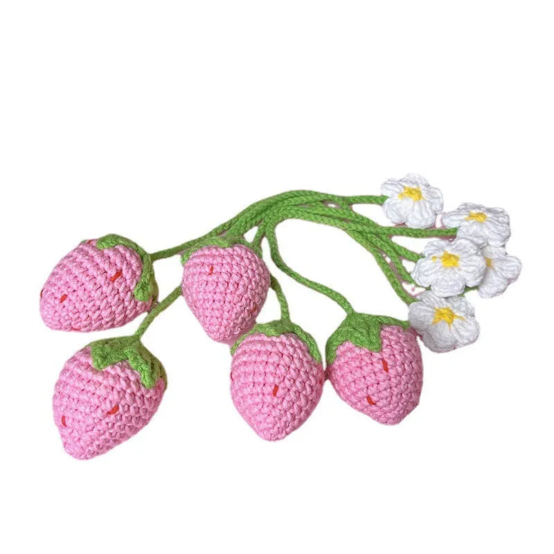 Handmade wool crochet strawberry pendant with woven texture in pink or red colours