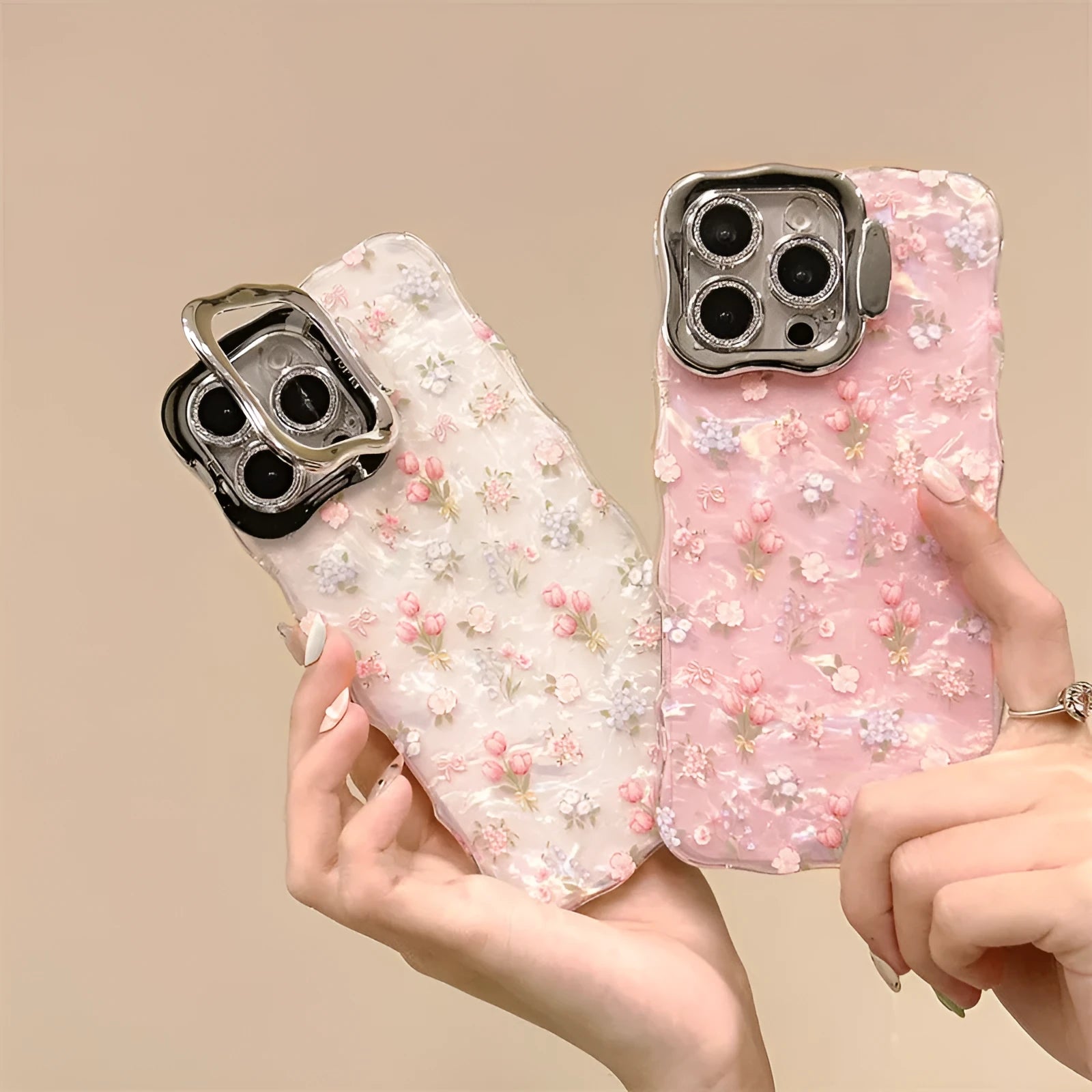 Wave pink acrylic iPhone case with embossed floral shell pattern and invisible brackets