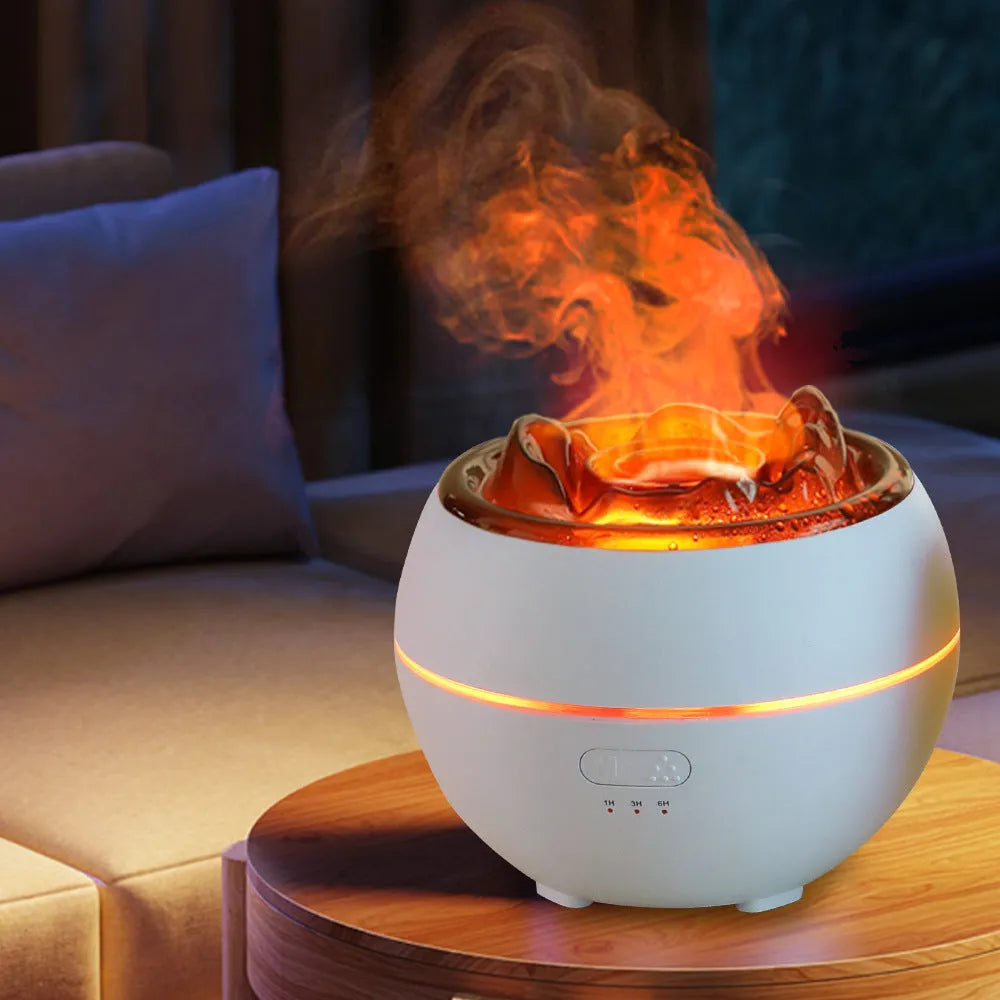 Round white ultrasonic flame aroma diffuser with water tank on desk