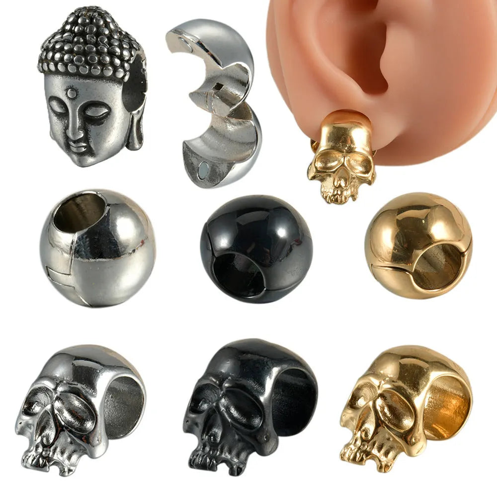 Stainless steel hollow skull and Buddha head geometric earrings in various electroplated colours.