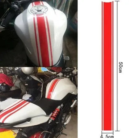 Long black reflective pinstripe sticker for motorcycle gas tank customisation.