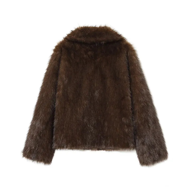 Women's brown artificial fur effect jacket coat with faux fur collar, long sleeves and 50cm length
