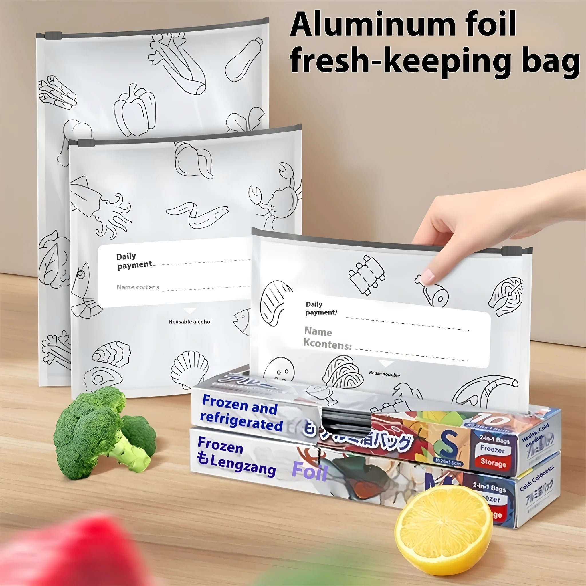 Pack of aluminium foil sealed bags in small, medium, and large sizes with bag and box style options