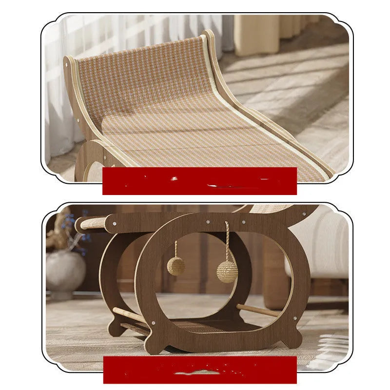 Solid wood cat bed with sisal scratching surface and recessed sleeping area in walnut colour finish.