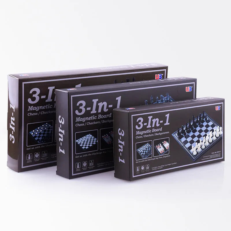 Three in one magnetic chess checkers backgammon set, plastic board 25.5x13x4.5cm, with colourful pieces