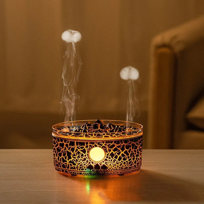 Desktop volcano aroma diffuser humidifier with 300mL tank and remote control in white crack finish