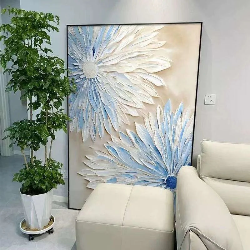 Hand painted abstract blue white flower oil painting on canvas vertical modern wall art for bedroom