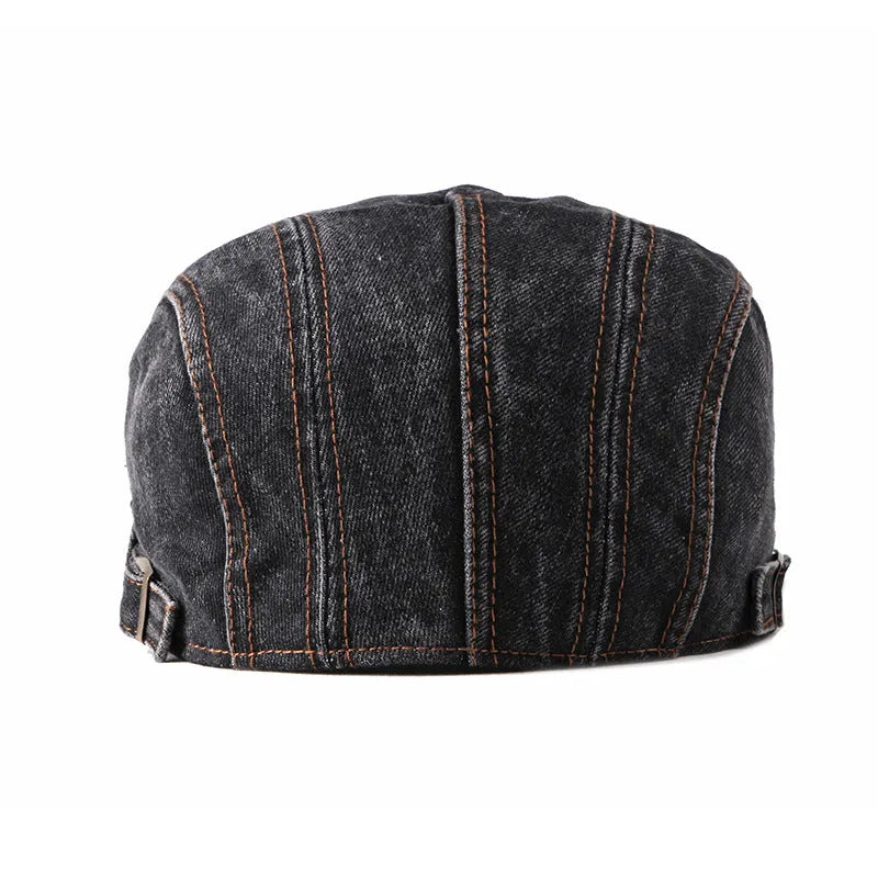 Fashion wash denim beret in black with flat-top crown and curly brim for unisex wear