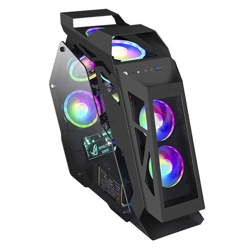 Special-shaped table computer case in bare metal finish with internal RGB fan lighting visible