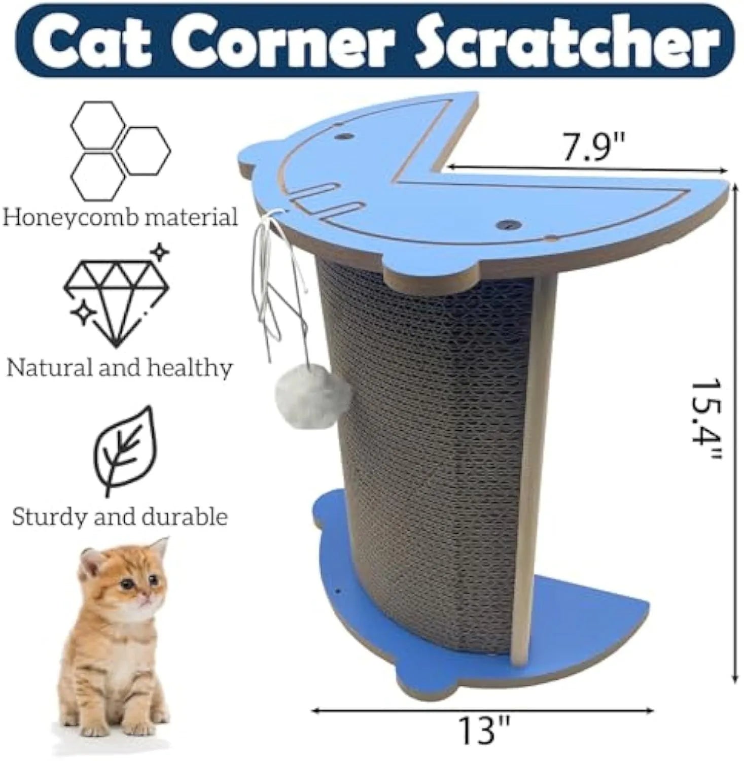 Corner-mounted cat scratching pad with hanging ball attachment for furniture protection
