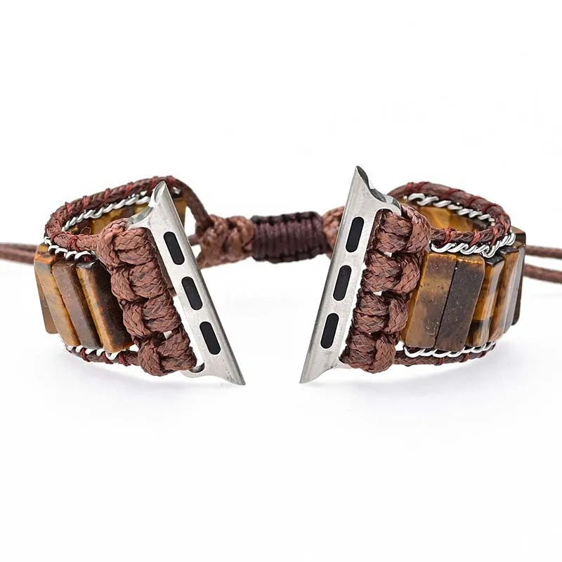 Men's rectangular tiger eye stone chain watch strap bracelet with adjustable textile band