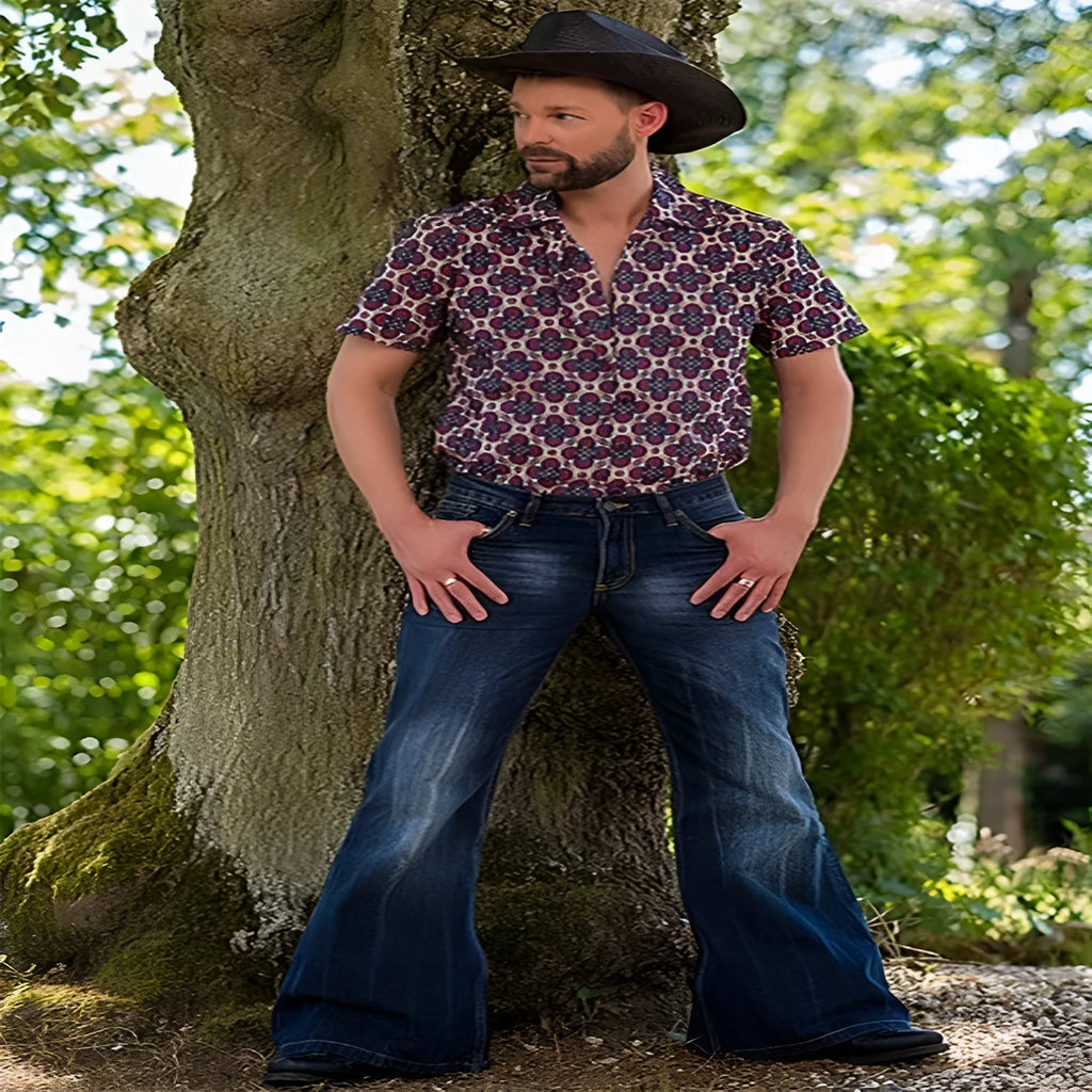 Cowboy bell-bottom retro embroidered stretch denim jeans in blue for men