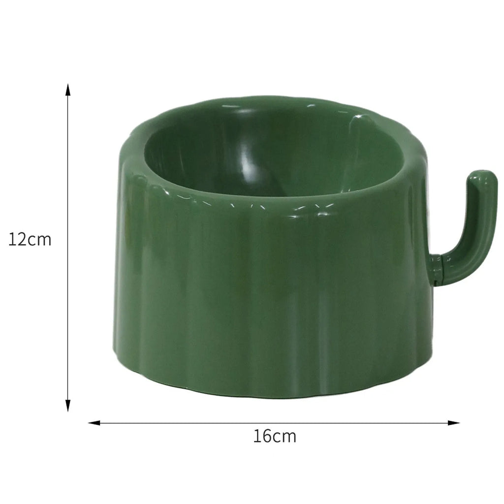 Dark green cactus design cat bowl with high-stand construction and weighted anti-slip base