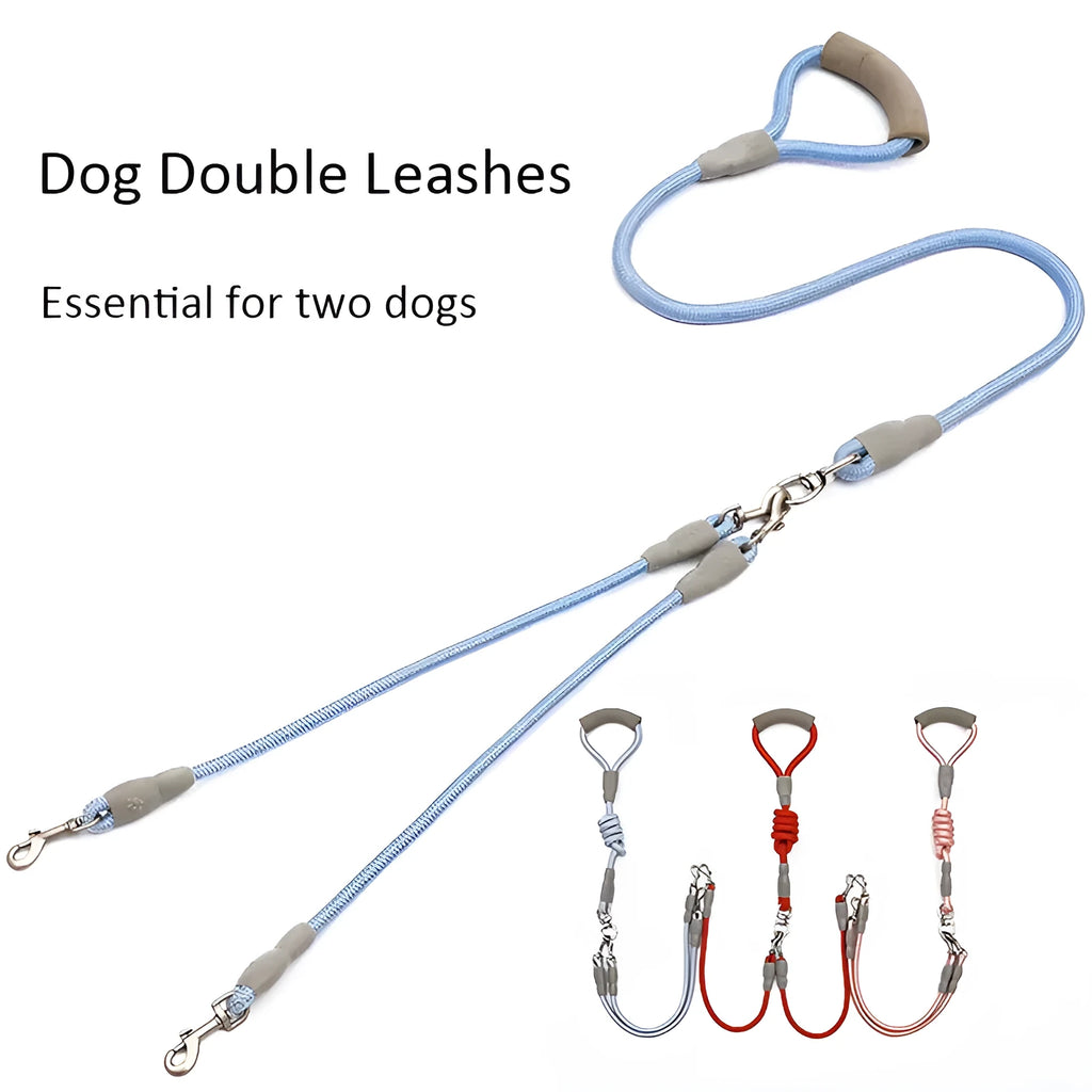 Blue double dog leash for two pets with foam-padded handle and metal clips.