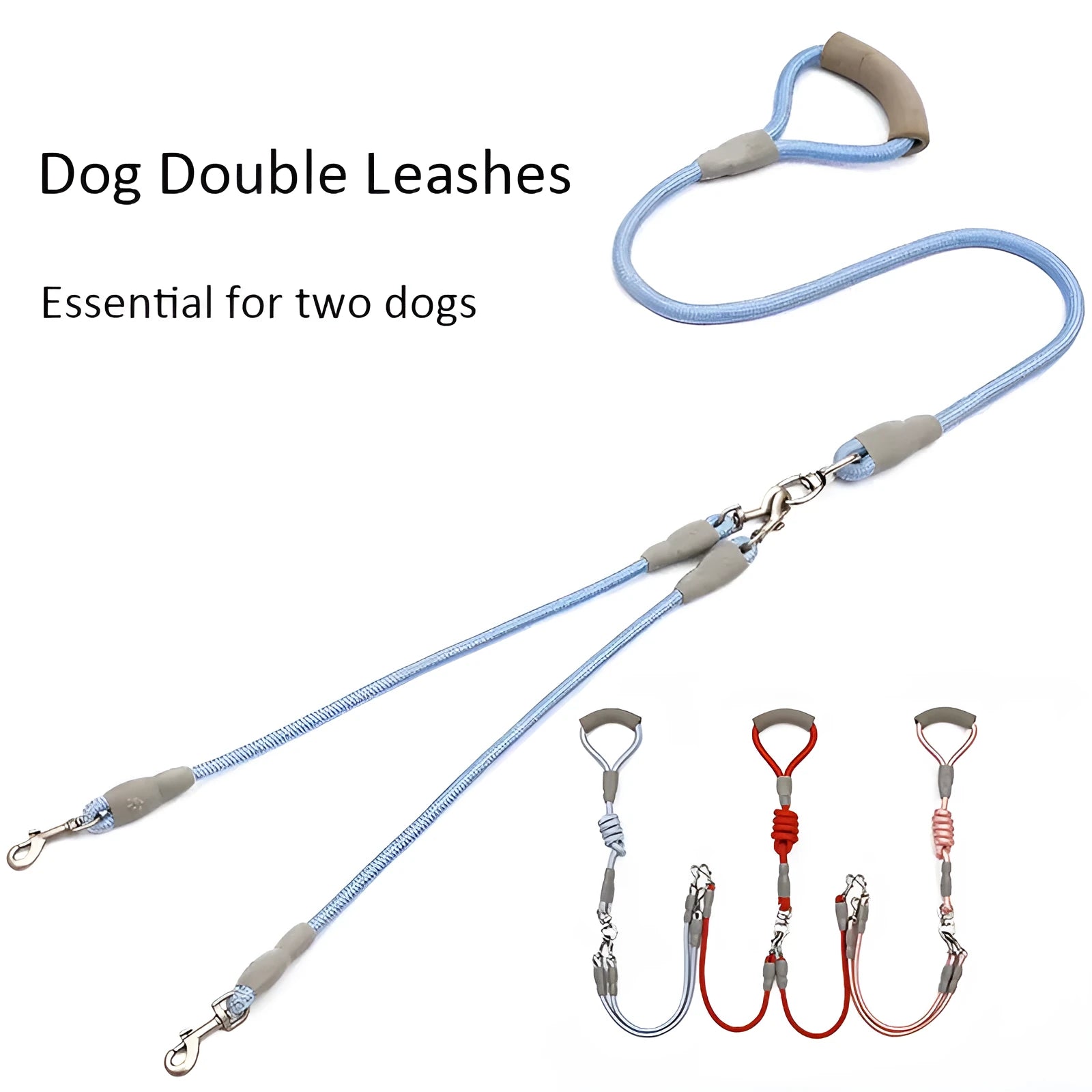Blue double dog leash for two pets with foam-padded handle and metal clips.