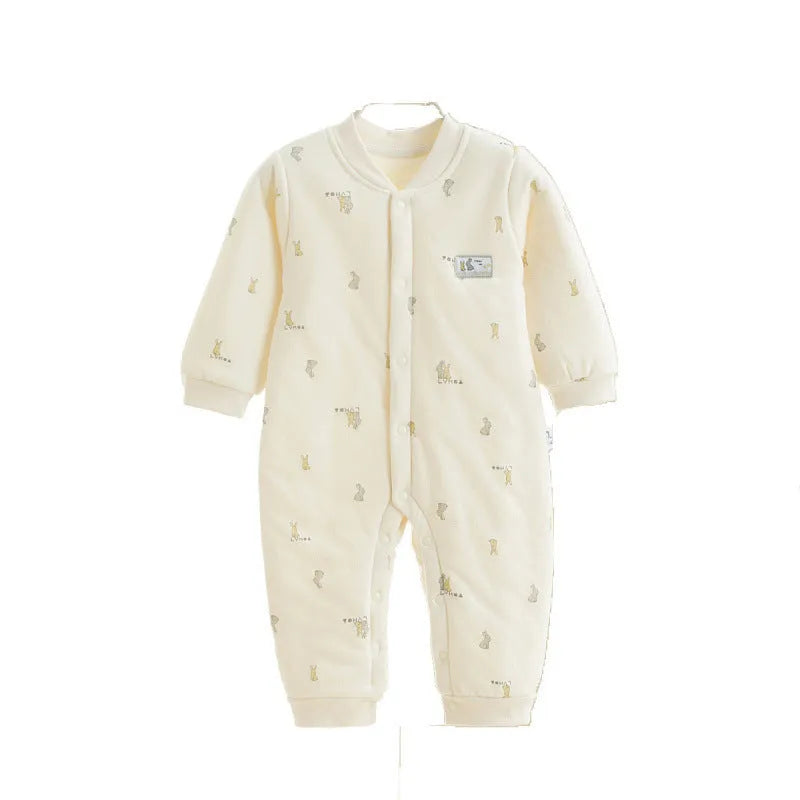 Baby quilted jumpsuit three layers warm winter long sleeve cotton cloth rabbit fur casual grow suit in bear world blue