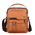 Khaki coloured men's PU leather casual shoulder bag with a vertical square shape and a single strap.