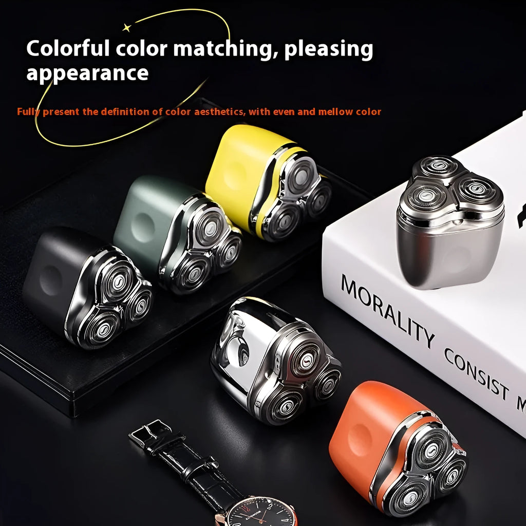 Mini three-head electric shaver rechargeable with 60-day battery life, fully washable, available in lava orange