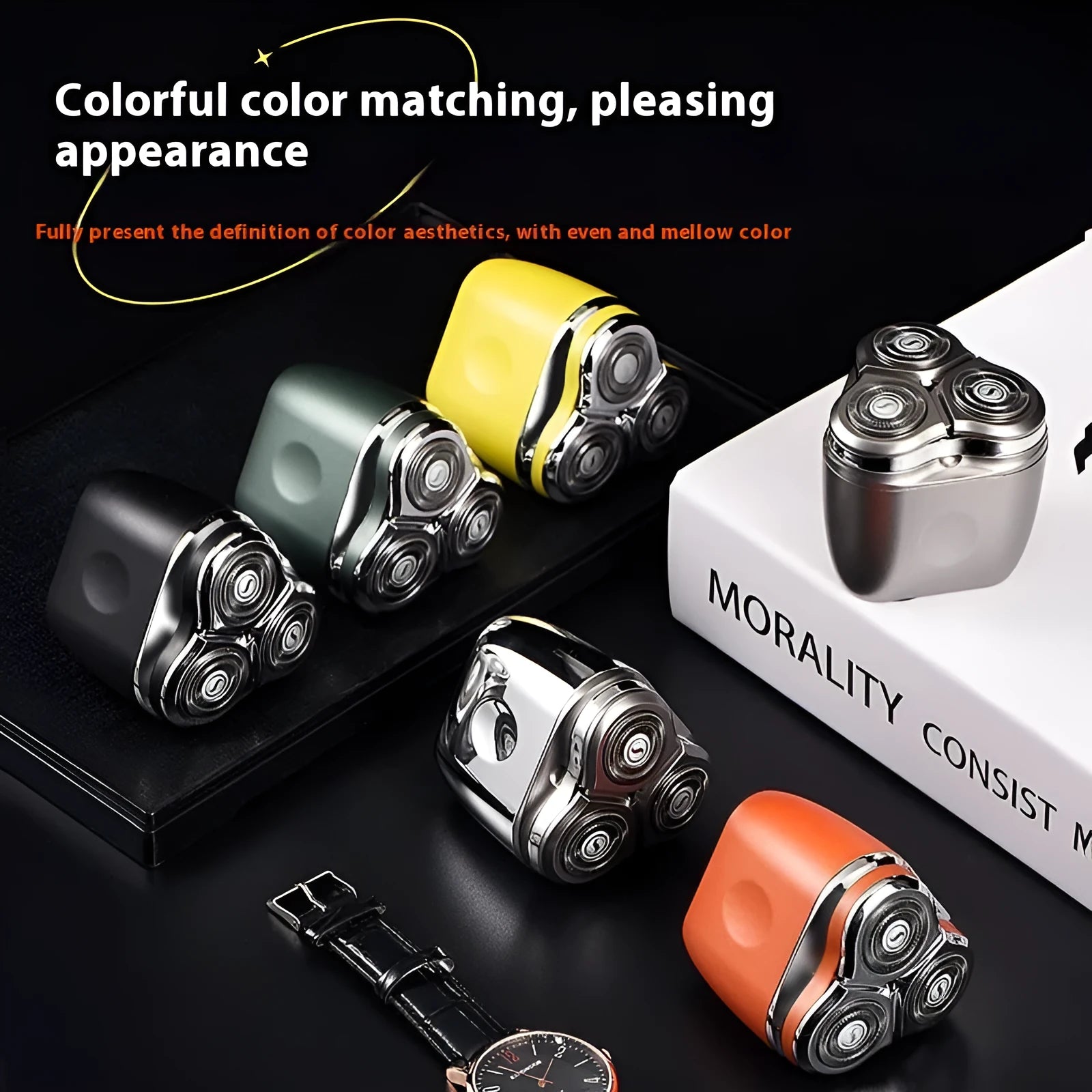Mini three-head electric shaver rechargeable with 60-day battery life, fully washable, available in lava orange