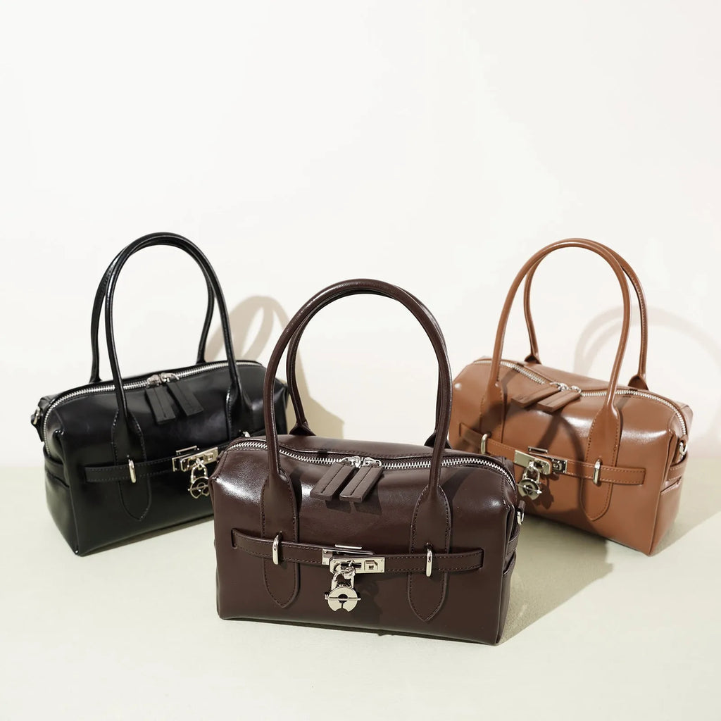 Cortical Women's Spliced Crossbody Bag in brown genuine leather with horizontal square shape