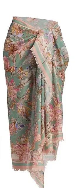 Women's floral pattern bikini set with skirt in creamy-white beige colour