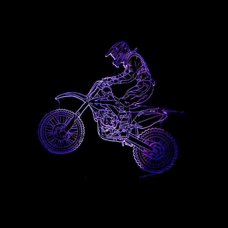 3D night light displaying a motorcycle design with colour-changing LED illumination on a black acrylic panel