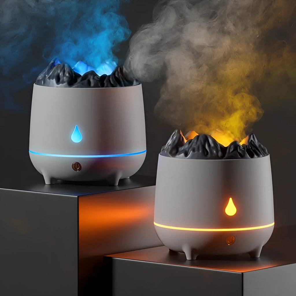 Black volcanic mountain-shaped ultrasonic humidifier with USB cable on wooden surface